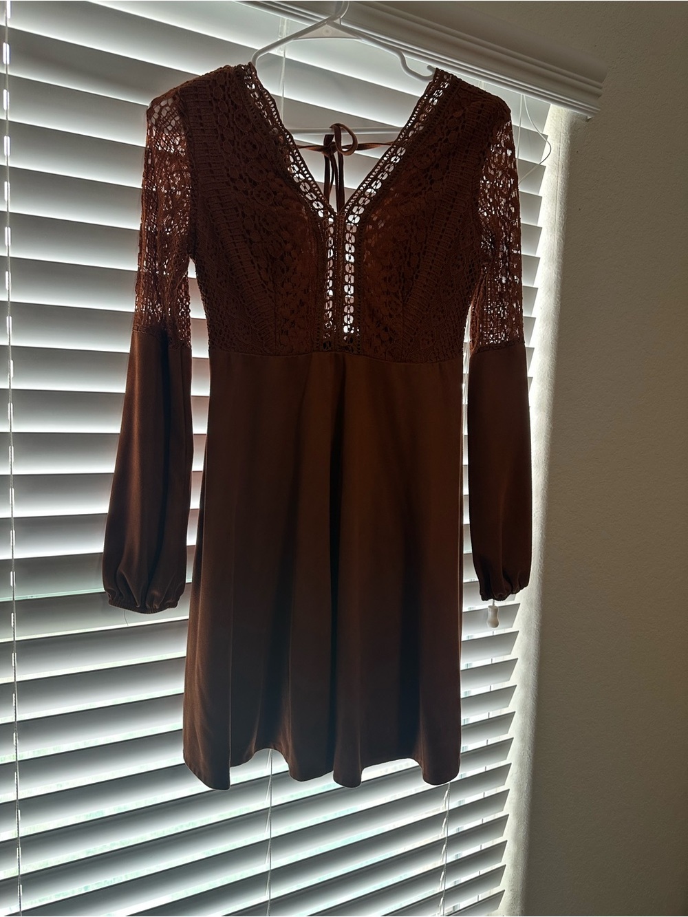 SHEIN Brown Crochet Lace V-Neck Long Sleeve Dress
